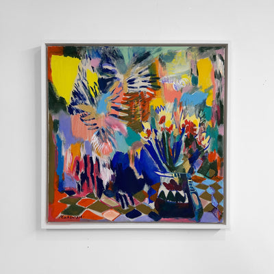 Colorful abstract painting on a white wall by Karimah Hassan at House of Bandits by Sarabande Foundation